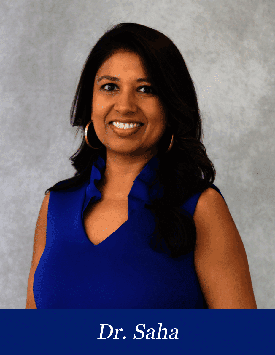 Dr. Saha smiling in a blue top, available to help answer questions Monday through Thursday.